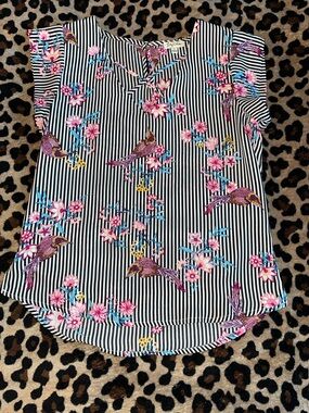 Lily White Black & White Striped Floral Bird Blouse